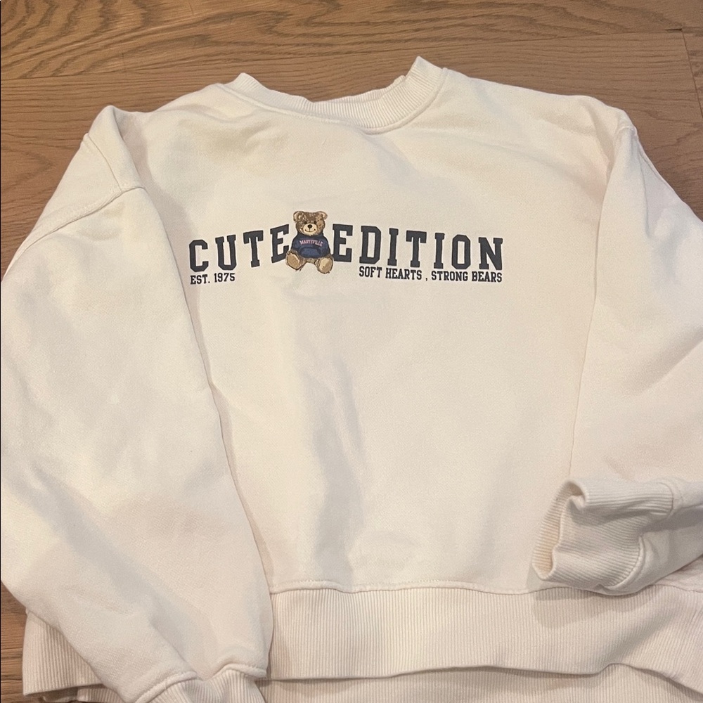 Zara Cream Sweatshirt with Navy Text and Teddy Bear Graphic